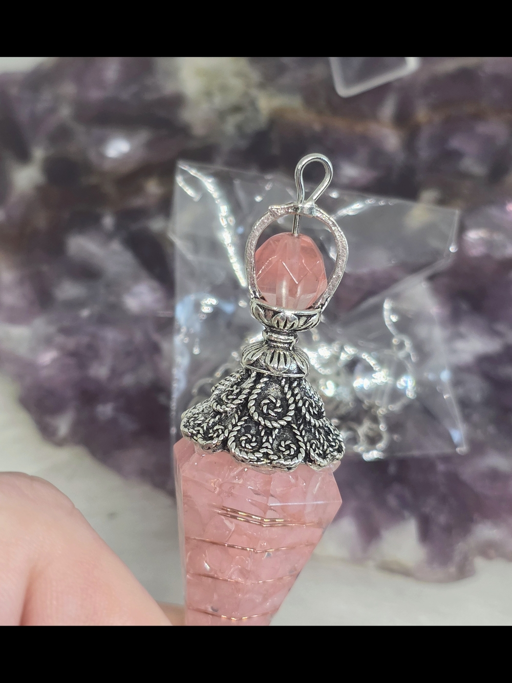 Rose Quartz Resin Pendulum Necklace with Chain | Crystal Pendulum | Reiki Tool | - Picture 8 of 9